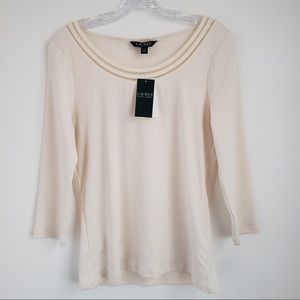 NWT Lauren Ralph Lauren Cream Crochet Accent Long Sleeve Top Size Medium